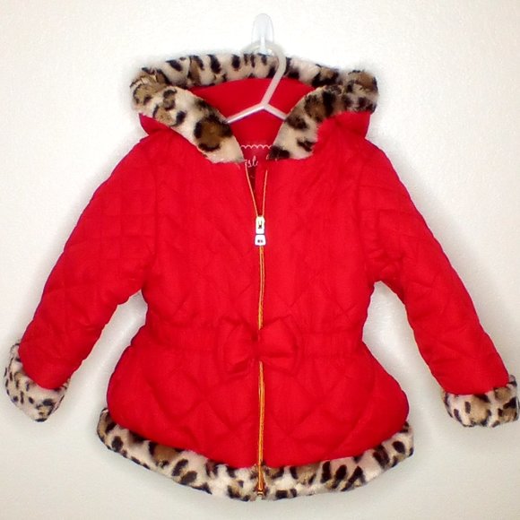 "Pistachio" Girls Quilted Hooded Coat Red & Animal Fur Trim (3T) - Picture 2 of 8